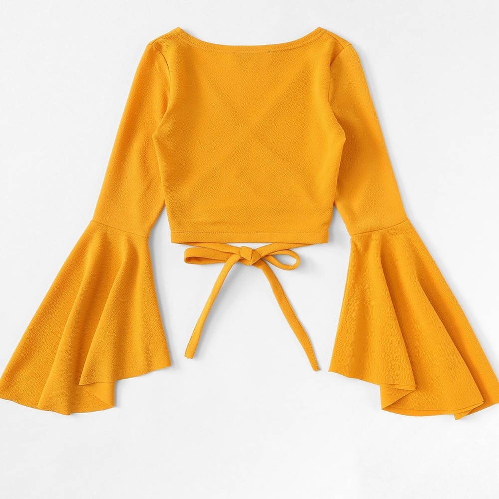 Mustard Flare Sleeve Tie Top - Picture 2 of 3